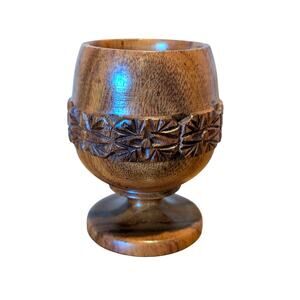 Vintage Wood Hand Carved Floral Design Goblet/Chalice Made In Philippines